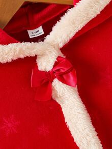 SHEIN Christmas Baby Girl Dress Cape Set Cute Red Bow Faux Fur Trim Snowflake Print Sleeveless Hooded Thick Autumn Winter Holiday Burgundy Plush Birthday - Red - View 7