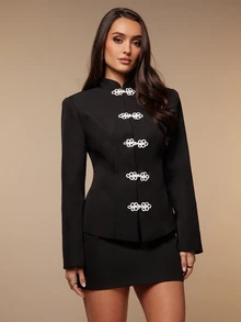 Silquee Women's Solid Color Suit Set With Qipao Button Decor And Skirt, Suitable For Daily Wear, Gatherings, Outdoor Activities, Commuting - Black - View 10