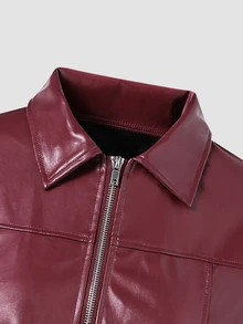 SHEIN 青少年女孩秋季服飾 酒紅色長袖純色PU皮革拉鍊夾克，秋季休閒寬鬆街頭風，極簡主義，返校穿搭，工作穿搭 - 紅色 - 查看 6