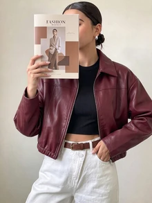 SHEIN 青少年女孩秋季服飾 酒紅色長袖純色PU皮革拉鍊夾克，秋季休閒寬鬆街頭風，極簡主義，返校穿搭，工作穿搭 - 紅色 - 查看 2
