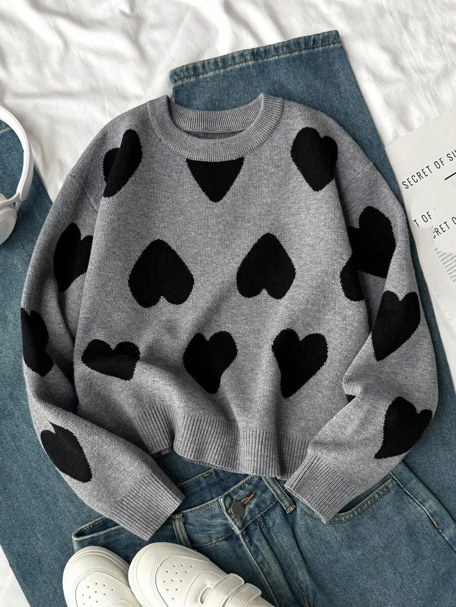 SHEIN Sparklyn 女童时尚简约心形图案提花针织长袖毛衣秋冬