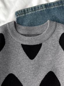 SHEIN Sparklyn 女童时尚简约心形图案提花针织长袖毛衣秋冬 - 灰色 - 查看 5