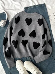 SHEIN Sparklyn 女童时尚简约心形图案提花针织长袖毛衣秋冬 - 灰色 - 查看 3