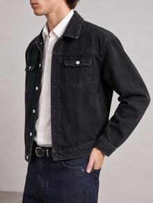 RivetRise Jaket Denim Pria Bergaya Vintage dengan Tampilan Lusuh dan Potongan Longgar - Dark Grey - View 5