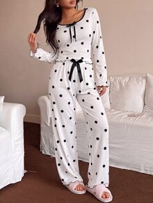 Dream Adore Polka Dot Print Long Sleeve Long Pants Women's Casual Pajama Set - White - View 3