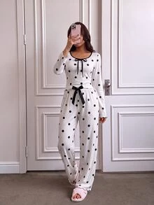 Dream Adore Polka Dot Print Long Sleeve Long Pants Women's Casual Pajama Set - White - View 5