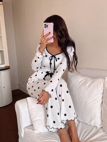 Dream Adore Polka Dot Print Long Sleeve Long Pants Women's Casual Pajama Set - White - View 4