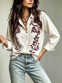 Trelyra Women's Vacation Casual Boho Botanical Print Shirt Off White Autumn - Multicolor - View 3