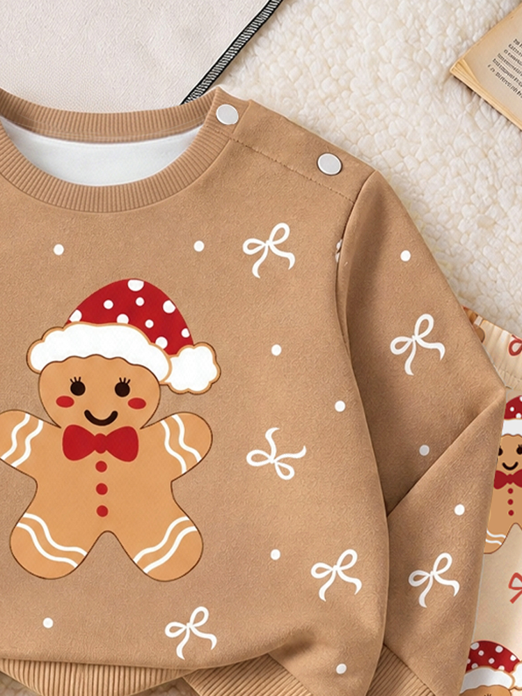 Newborn Baby Girl Cute Gingerbread Man Bow Print Crew Neck Long Sleeve Thermal Lined Thick Sweatshirt And Pants Set, Soft Fabric, Suitable For Christmas Outings, Autumn/Winter - Multicolor - View 6