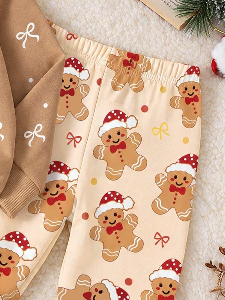 Newborn Baby Girl Cute Gingerbread Man Bow Print Crew Neck Long Sleeve Thermal Lined Thick Sweatshirt And Pants Set, Soft Fabric, Suitable For Christmas Outings, Autumn/Winter - Multicolor - View 5