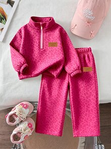 女童卡其棕豹紋保暖內裡兩件套，半拉鍊立領上衣 + 寬腿長褲，加厚保暖內裡，Stamp R - 彩色 - 查看 1