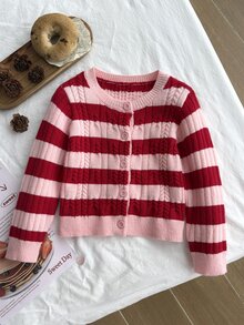 SHEIN 女童秋冬加厚時尚蝴蝶結可愛簡約針織長袖開襟毛衣 - 彩色 - 查看 5