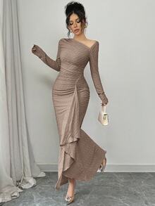 Elenzga Women's Elegant Fashion Commuter Charming Long Sleeve Asymmetric Collar Cinched Waist Ruched Bodycon Solid Color Textured Knit Maxi Dress - Coffee - View 6