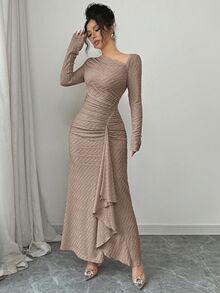 Elenzga Women's Elegant Fashion Commuter Charming Long Sleeve Asymmetric Collar Cinched Waist Ruched Bodycon Solid Color Textured Knit Maxi Dress - Coffee - View 4