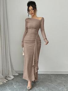 Elenzga Women's Elegant Fashion Commuter Charming Long Sleeve Asymmetric Collar Cinched Waist Ruched Bodycon Solid Color Textured Knit Maxi Dress - Coffee - View 5