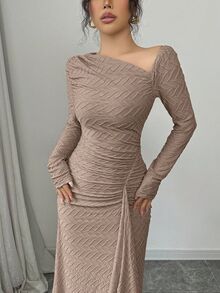 Elenzga Women's Elegant Fashion Commuter Charming Long Sleeve Asymmetric Collar Cinched Waist Ruched Bodycon Solid Color Textured Knit Maxi Dress - Coffee - View 8