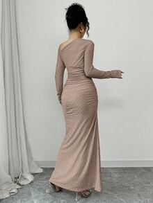 Elenzga Women's Elegant Fashion Commuter Charming Long Sleeve Asymmetric Collar Cinched Waist Ruched Bodycon Solid Color Textured Knit Maxi Dress - Coffee - View 2