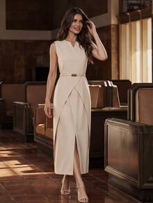 Anewsta Summer New Women's Elegant Simple Sleeveless Dress, Suitable For Daily Wear, Commuting, Gatherings, Dates, Wedding Guest - Apricot - View 7