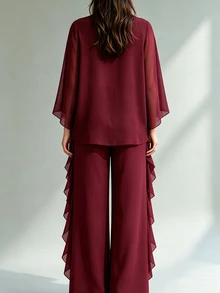 Velvienne 秋冬酒紅色奢華優雅晚宴正式婚紗套裝，成熟淑女風，大氣大尺碼兩件式穿搭 - 酒紅色 - 查看 2