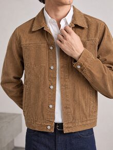 RivetRise Men's Autumn New Denim Jacket Slim Fit Casual , Brown - Khaki - View 1