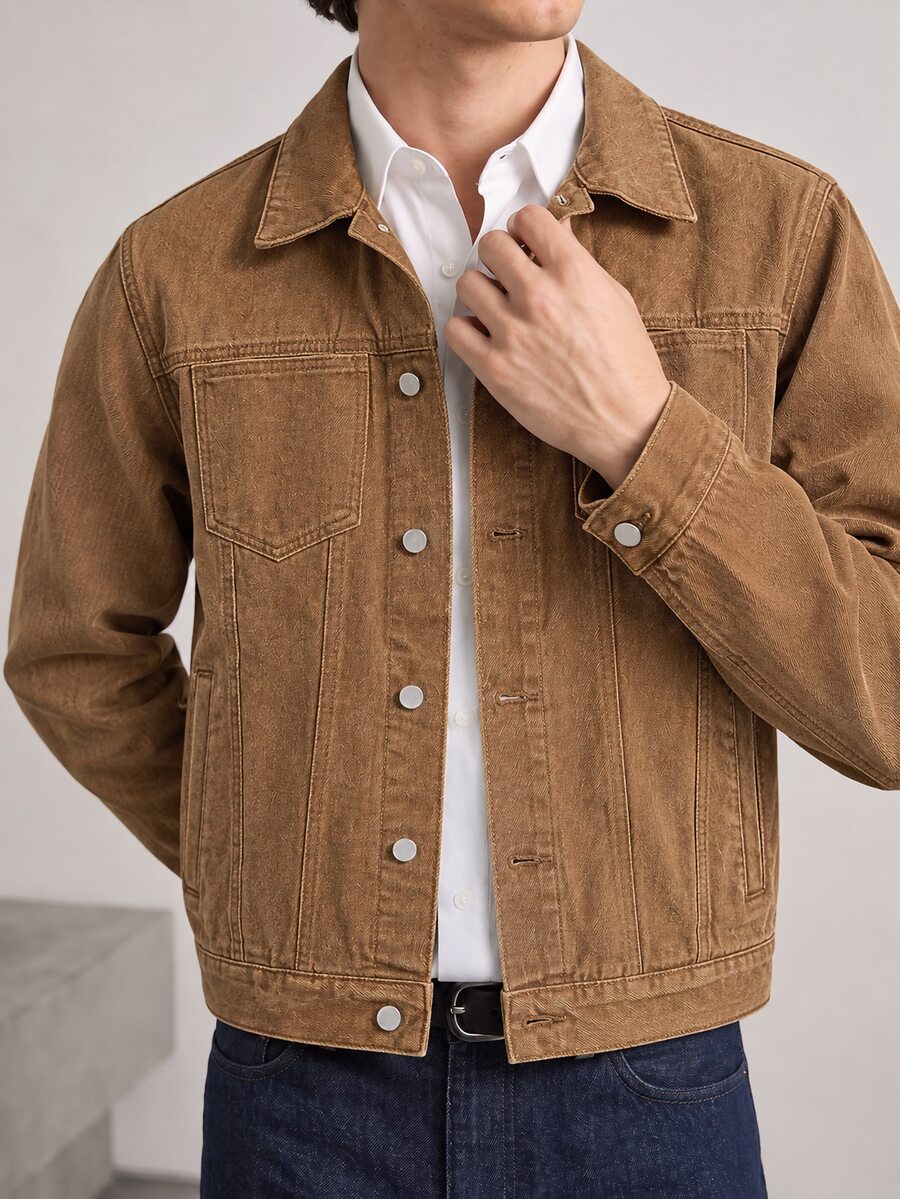RivetRise Men's Autumn New Denim Jacket Slim Fit Casual , Brown - Khaki - View 1
