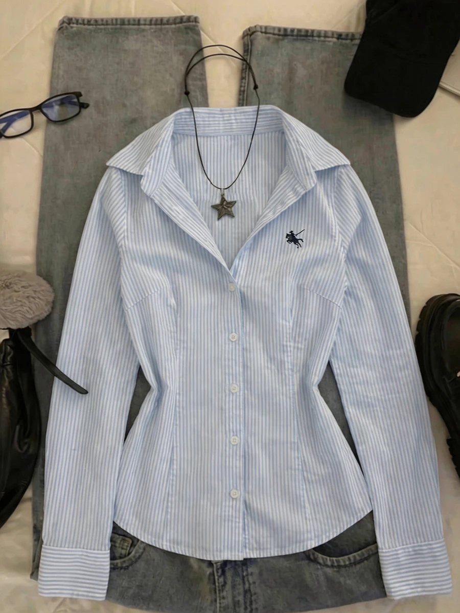 IslaSuriya Women's Autumn Casual Striped Waist-Cinched Shirt - Blue - View 1