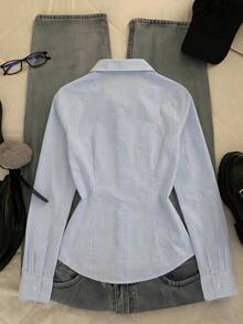 IslaSuriya Women's Autumn Casual Striped Waist-Cinched Shirt - Blue - View 2