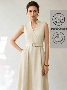 Uhlyne Uhlyne Navy Stand Collar Sleeveless Belted A-Line Cotton Blend Summer Commute & Casual Dress - Apricot - View 8