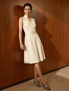 Uhlyne Uhlyne Navy Stand Collar Sleeveless Belted A-Line Cotton Blend Summer Commute & Casual Dress - Apricot - View 9
