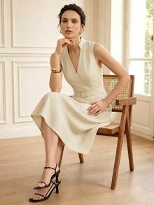 Uhlyne Uhlyne Navy Stand Collar Sleeveless Belted A-Line Cotton Blend Summer Commute & Casual Dress - Apricot - View 5