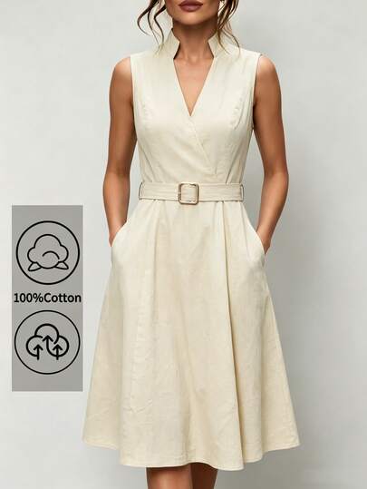 Uhlyne Uhlyne Navy Stand Collar Sleeveless Belted A-Line Cotton Blend Summer Commute & Casual Dress