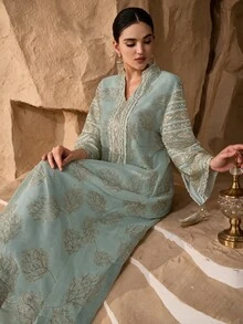 Al Najma Women's Elegant Craft Fabric Tassel Decor Loose Long Robe - Green - View 8