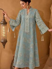 Al Najma Women's Elegant Craft Fabric Tassel Decor Loose Long Robe - Green - View 3