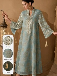Al Najma Women's Elegant Craft Fabric Tassel Decor Loose Long Robe - Green - View 1
