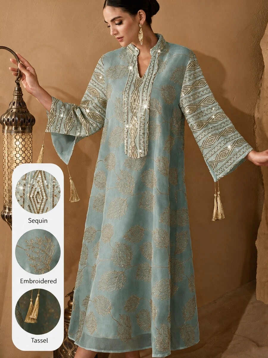 Al Najma Women's Elegant Craft Fabric Tassel Decor Loose Long Robe - Green - View 1