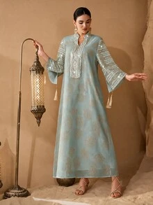 Al Najma Women's Elegant Craft Fabric Tassel Decor Loose Long Robe - Green - View 5