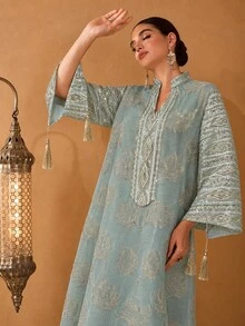 Al Najma Women's Elegant Craft Fabric Tassel Decor Loose Long Robe - Green - View 6
