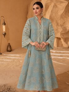 Al Najma Women's Elegant Craft Fabric Tassel Decor Loose Long Robe - Green - View 4