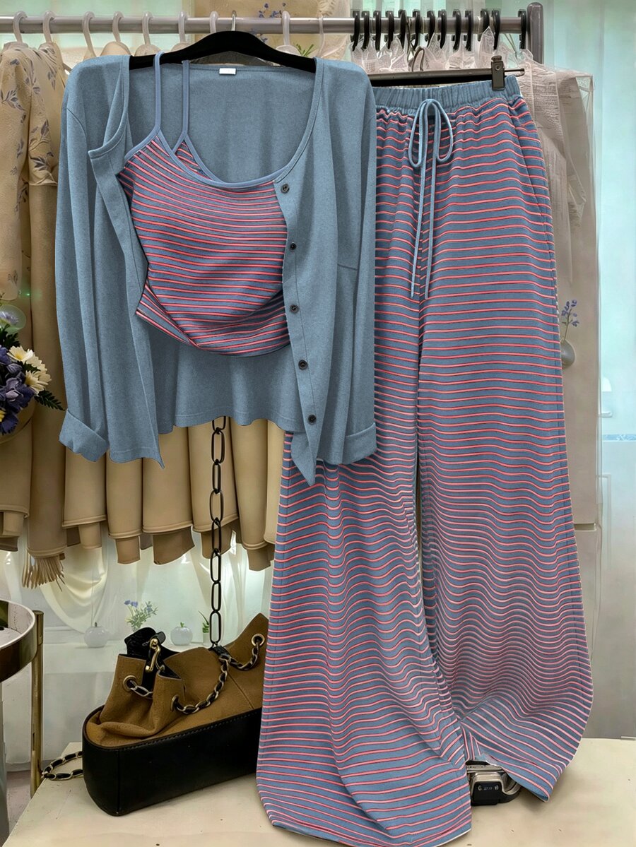 GlowEve CURVE Plus Size Solid Color Knit Cardigan With Front Button Closure, Striped Trim, Slim Fit, Drawstring Detail, Elegant Casual Commuter Daily Outwear Long Pants - Dusty Blue - View 1