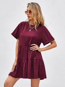 Breezaya Rolled Cuff Ruffle Hem Babydoll Dress Vacation Beach Outfits Women - Burgundy - View 5