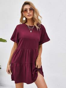 Breezaya Rolled Cuff Ruffle Hem Babydoll Dress Vacation Beach Outfits Women - Burgundy - View 3
