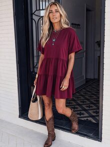 Breezaya Rolled Cuff Ruffle Hem Babydoll Dress Vacation Beach Outfits Women - Burgundy - View 1