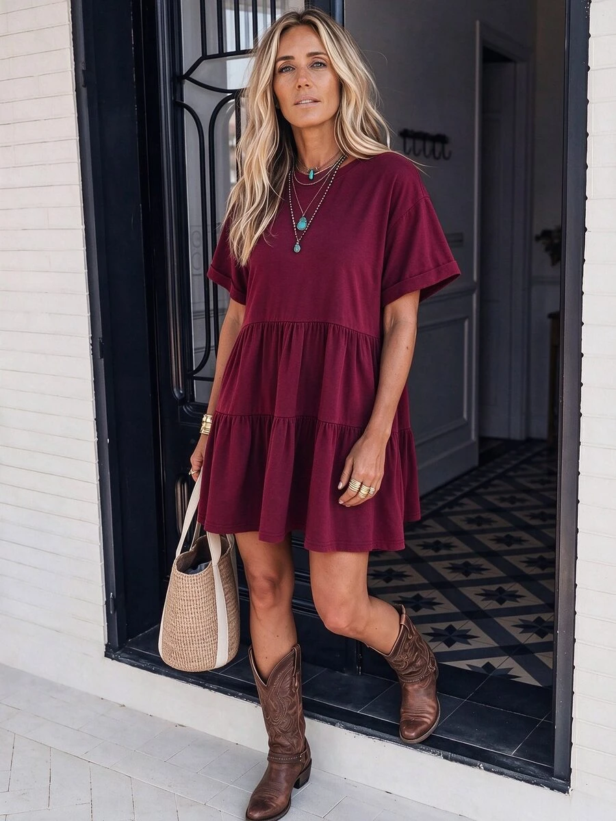 Breezaya Rolled Cuff Ruffle Hem Babydoll Dress Vacation Beach Outfits Women - Burgundy - View 1
