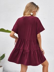 Breezaya Rolled Cuff Ruffle Hem Babydoll Dress Vacation Beach Outfits Women - Burgundy - View 2