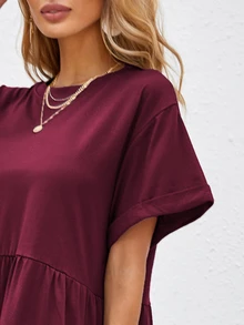 Breezaya Rolled Cuff Ruffle Hem Babydoll Dress Vacation Beach Outfits Women - Burgundy - View 7