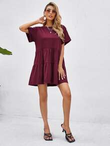 Breezaya Rolled Cuff Ruffle Hem Babydoll Dress Vacation Beach Outfits Women - Burgundy - View 6