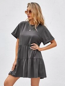 Breezaya Women's Solid Color Tiered Mini Dress, Casual Short Sleeve Loose Dress For Summer Vacation, Fall Daily Wear & Back To School - Dark Grey - View 6