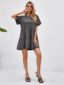 Breezaya Women's Solid Color Tiered Mini Dress, Casual Short Sleeve Loose Dress For Summer Vacation, Fall Daily Wear & Back To School - Dark Grey - View 7