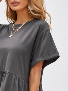 Breezaya Women's Solid Color Tiered Mini Dress, Casual Short Sleeve Loose Dress For Summer Vacation, Fall Daily Wear & Back To School - Dark Grey - View 5