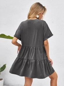 Breezaya Women's Solid Color Tiered Mini Dress, Casual Short Sleeve Loose Dress For Summer Vacation, Fall Daily Wear & Back To School - Dark Grey - View 2